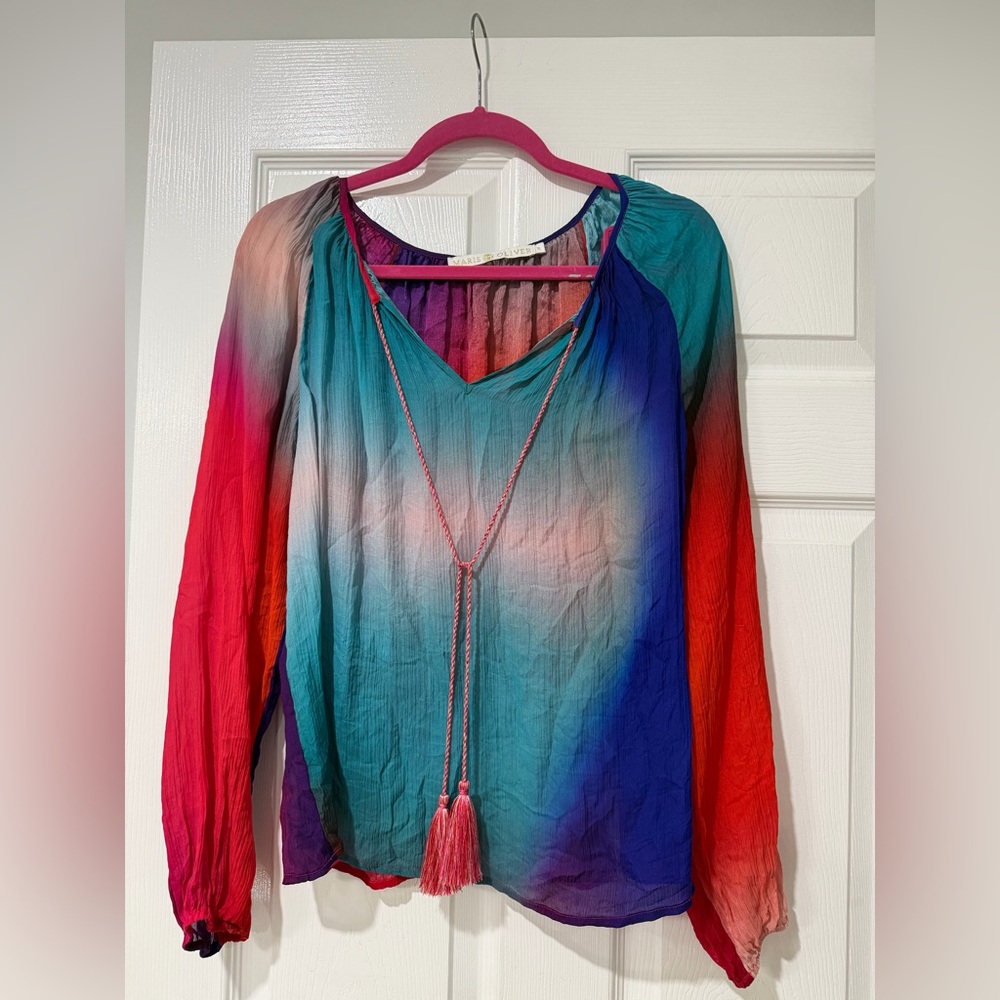 Marie Oliver  Multicolor Ombre Long-Sleeve Tunic with Tassel Detail 100% silk M